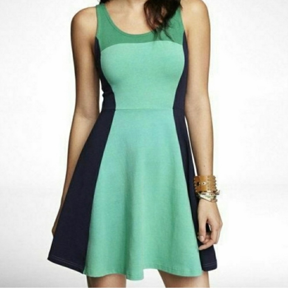 EXPRESS GREEN/TEAL COLOR BLOCKED SKATER DRESS